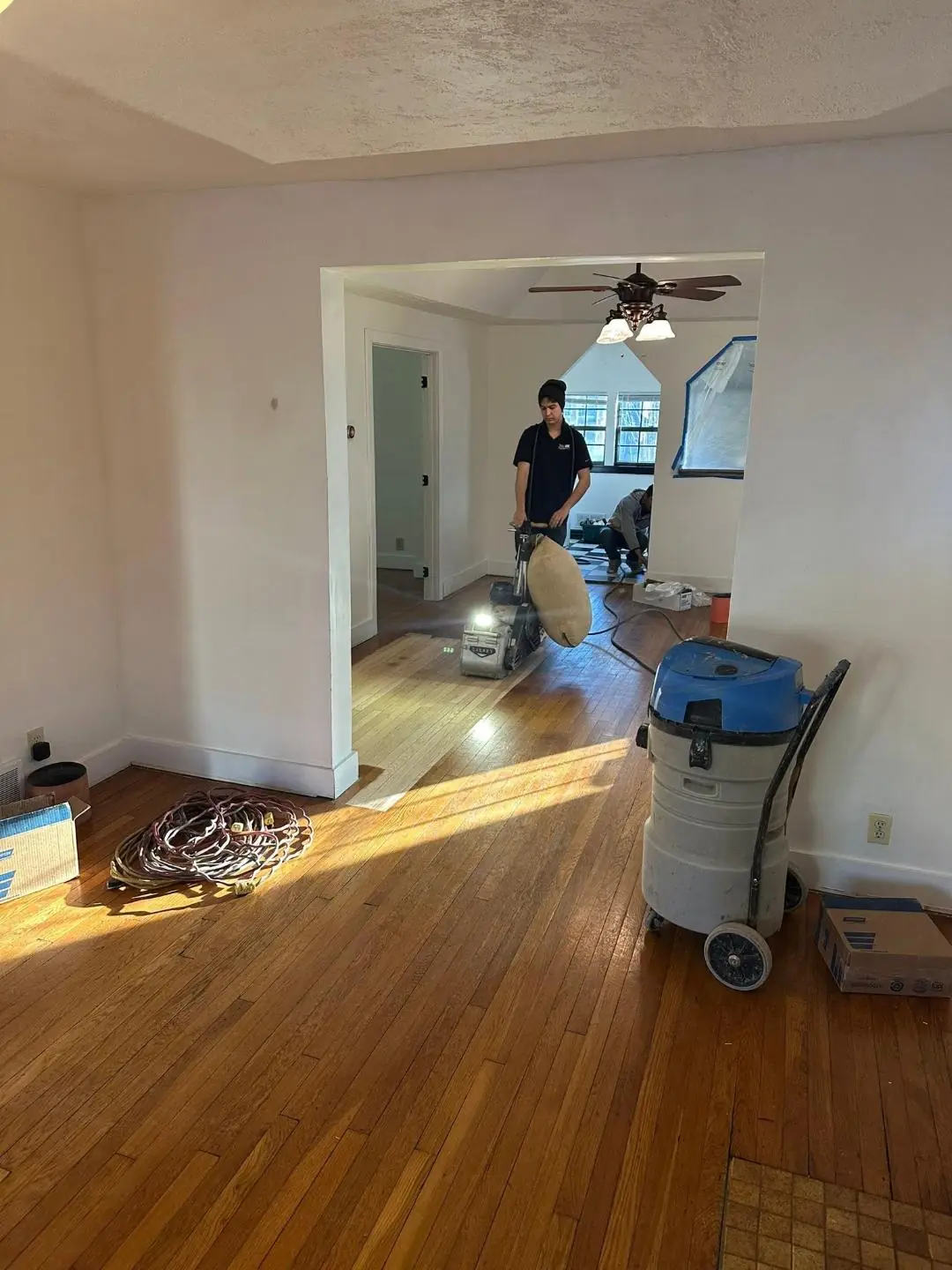 Hardwood floor replacement in progress